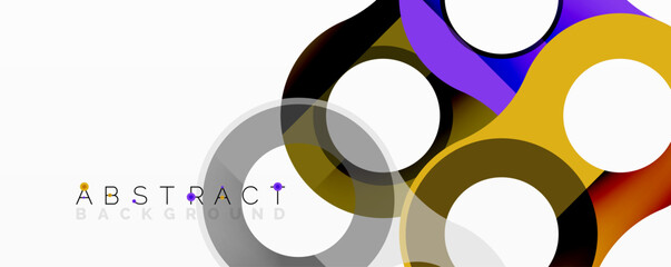 Abstract circles overlap, creating dynamic visual effect. Colors include purple, gold, gray, white. Modern design element.