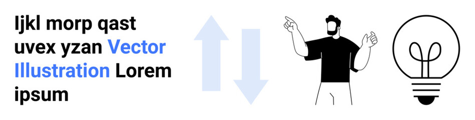 Man raising hands near a lightbulb and two arrows highlighting innovation, solutions, brainstorming, idea exchange, and growth. Ideal for creativity, teamwork, strategy, education startups simple