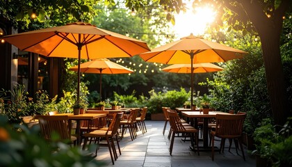Obraz premium Golden Hour Patio: Warm Sunset Illuminates Outdoor Cafe Tables