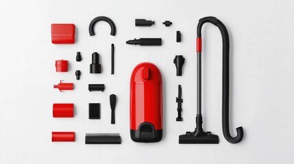 An overhead view of the individual parts and components that make up a vacuum cleaner including the hose nozzle brushes filters power cord and other accessories