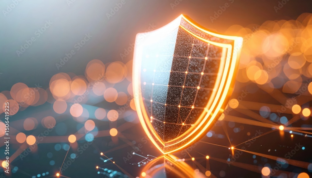 Poster digital shield icon glowing with cybersecurity protection symbol representing data security and safe