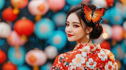 A portrait of a graceful Chinese woman wearing a vibrant intricately patterned floral dress with a butterfly perched on her hair against a colorful festive backdrop