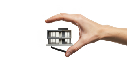 Hand Holding Miniature House Against Black Background Isolated Photo