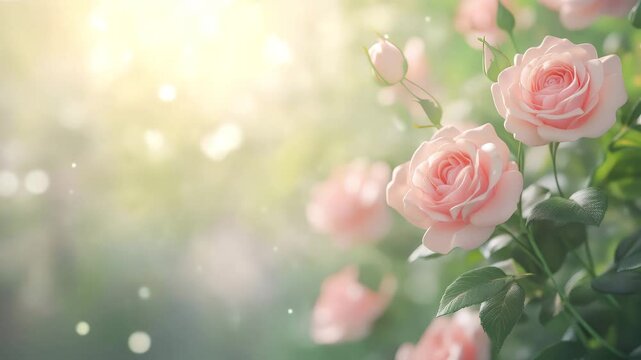A cluster of delicate pink roses blooms in soft sunlight, creating a serene and romantic atmosphere.