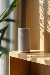 modern smart speaker on shelf in living room