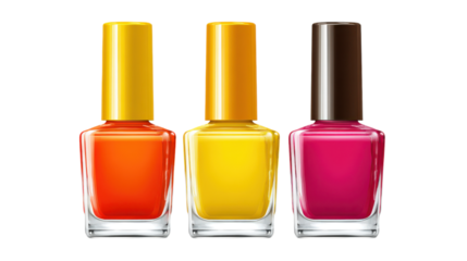 Three Colorful Nail Polish Bottles Isolated on Transparent Background