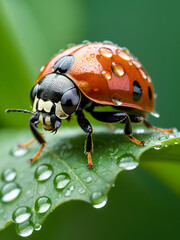 Naklejka premium Macro shot of a ladybug walking across a fresh green leaf, with water droplets clinging to its back, captured in ultra-clear focus