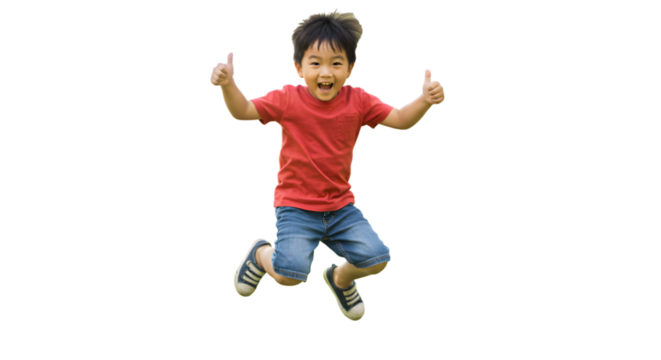 Happy Boy Jumping In The Air With Thumbs Up Isolated Photo