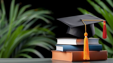 Graduation Cap on Books Stack: Academic Achievement Concept