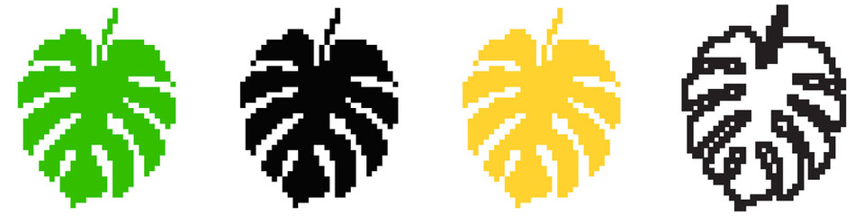 Pixel monstera leaf icon vector for tropical, botanical, and plant illustration. Ideal for nature, digital jungle theme, and eco art design in pixelated tropical layout.