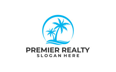 Tropical sunset over the ocean with palm trees logo designs