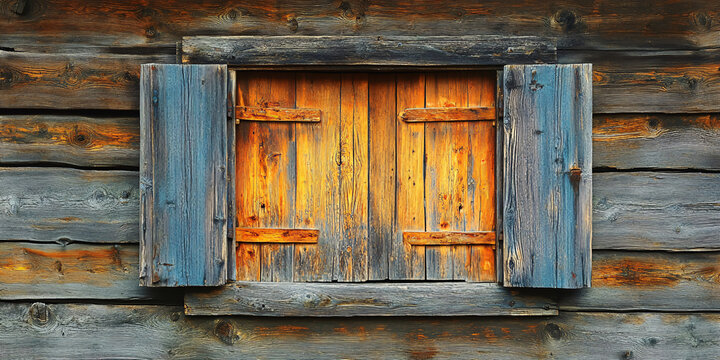 A captivating image of an old, rustic wooden window with weathered blue shutters set against a backdrop of aged wooden walls.