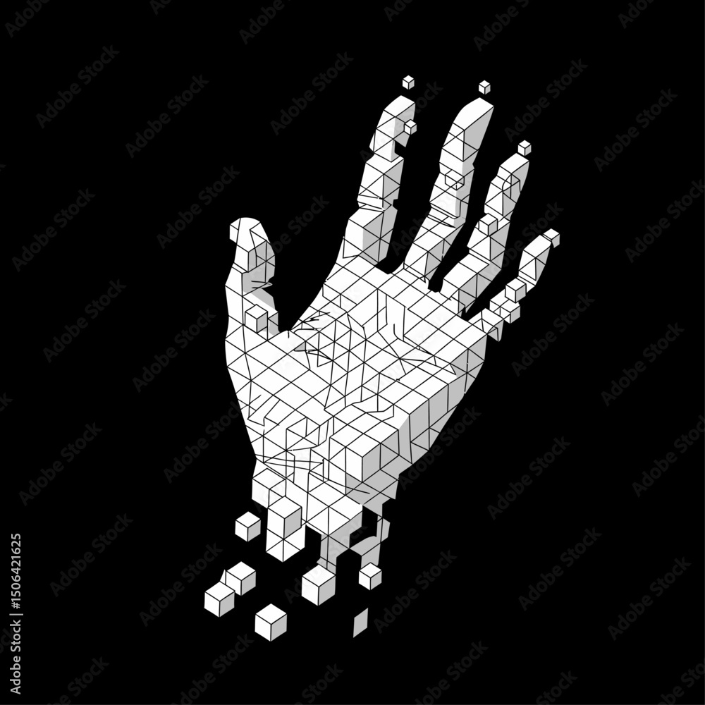 Poster abstract digital hand with geometric cube pixel design representing technology, artificial intellige