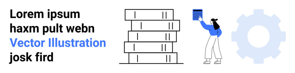 Woman stacking books while holding a file, adjacent to abstract gear graphic. Ideal for education, organization, productivity, learning, library, teamwork, simple landing page