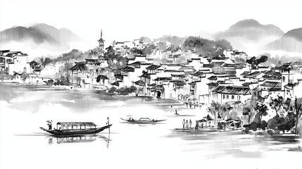 Ink - Wash Style Jiangnan Water Town Panorama