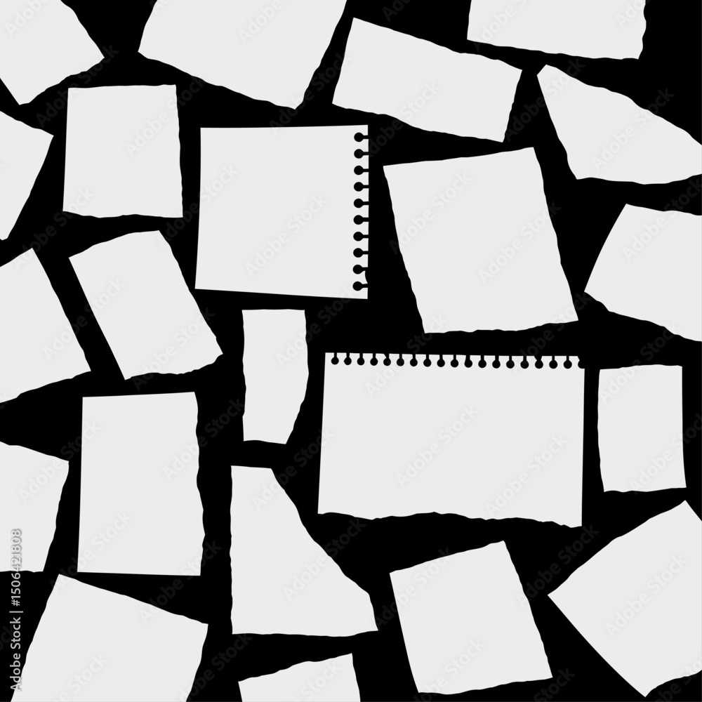 Poster scattered torn paper scraps and notepad sheets with spiral binding on a dark background, creating a 