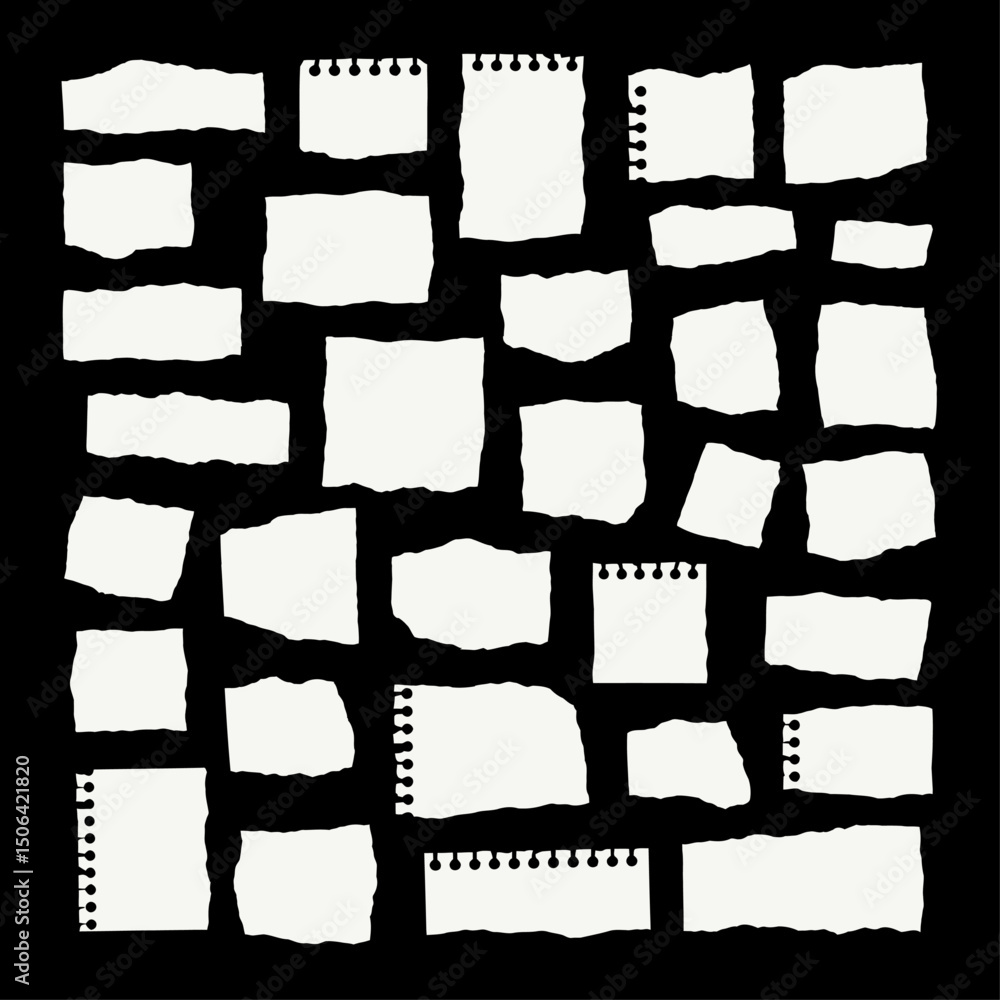 Poster collection of torn paper pieces, white sheets with rough edges, isolated scraps for notes and messag