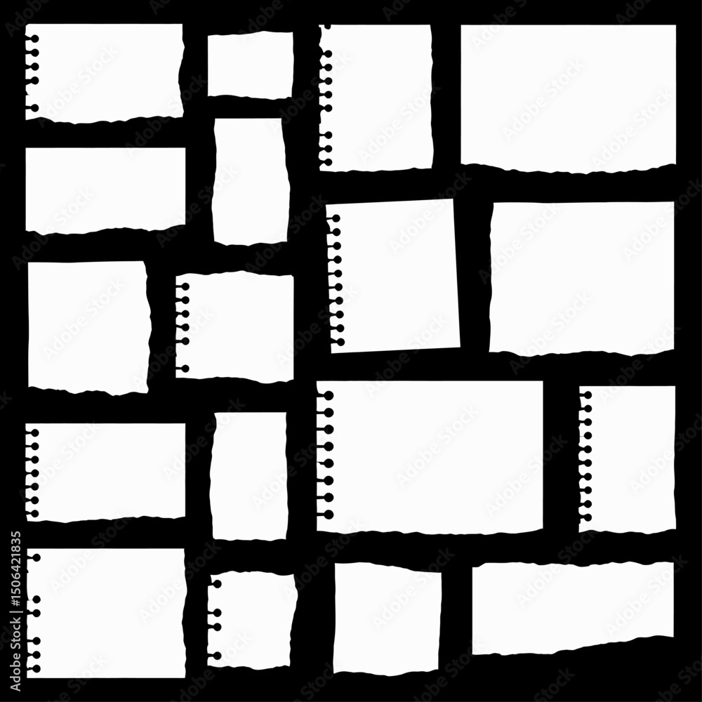 Poster collection of various torn pieces of white paper with rough edges and some with spiral notebook hole