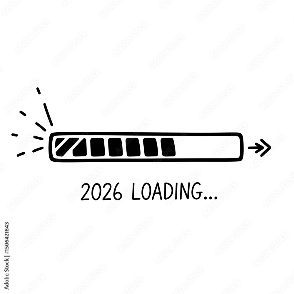 Poster 2026 loading progress bar with arrow, isolated on white background, representing future time, develo