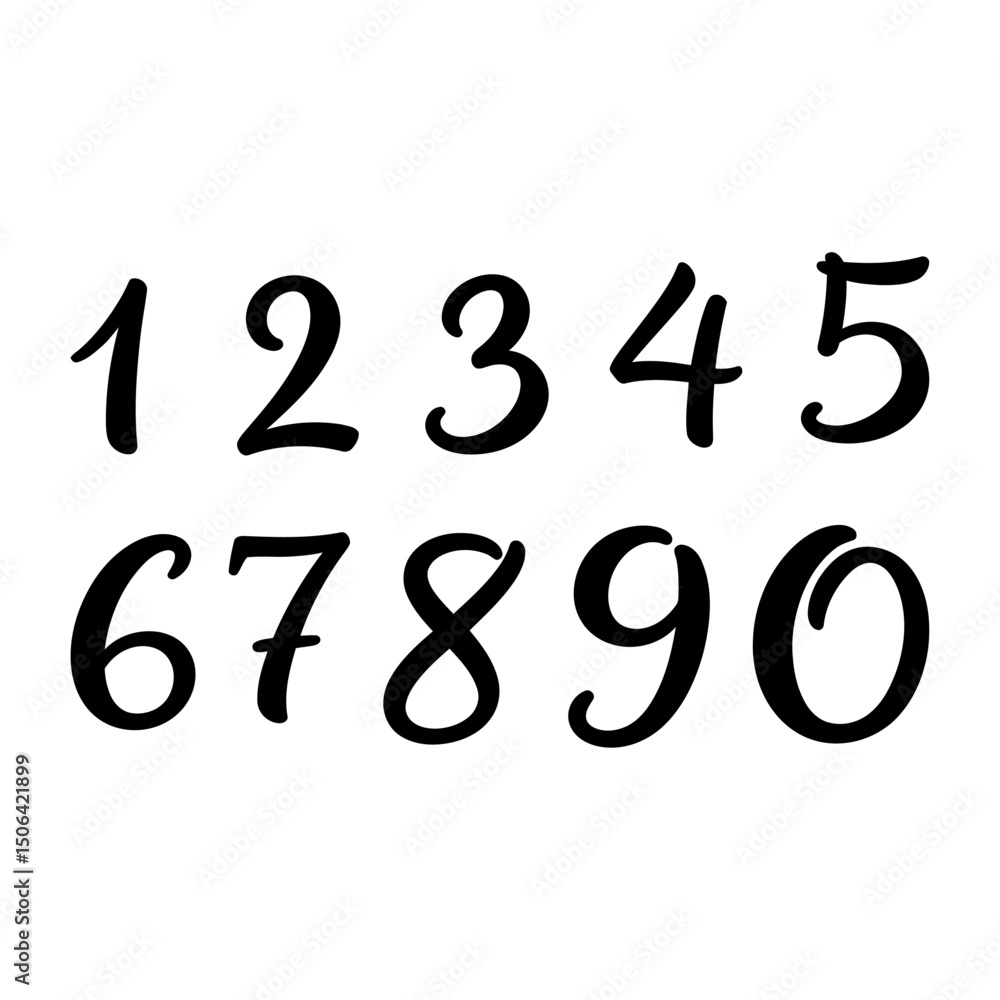 Poster handwritten numbers from one to zero isolated on white background in a calligraphy style, perfect fo