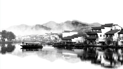 Ink - Wash Style Jiangnan Water Town Panorama