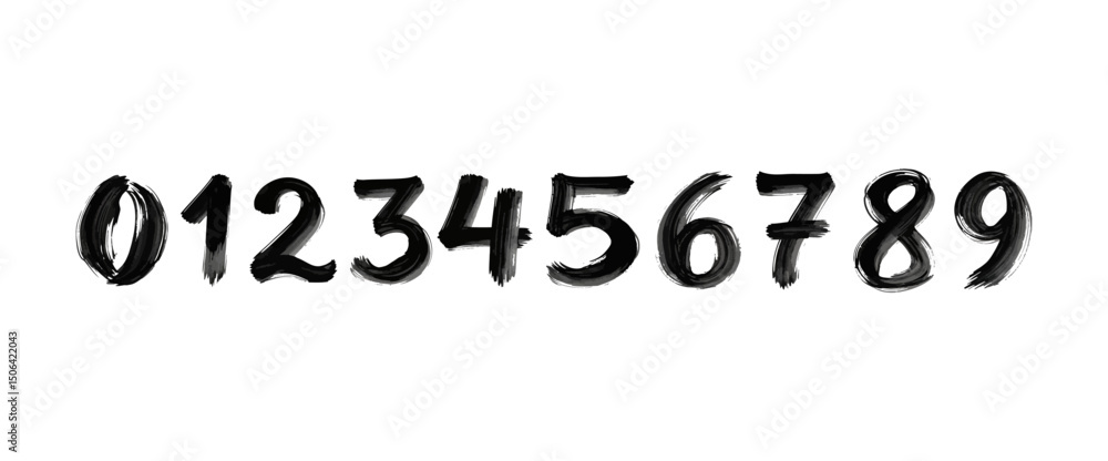 Poster brush stroke numbers from zero to nine isolated on white background in a set of handwritten style fo
