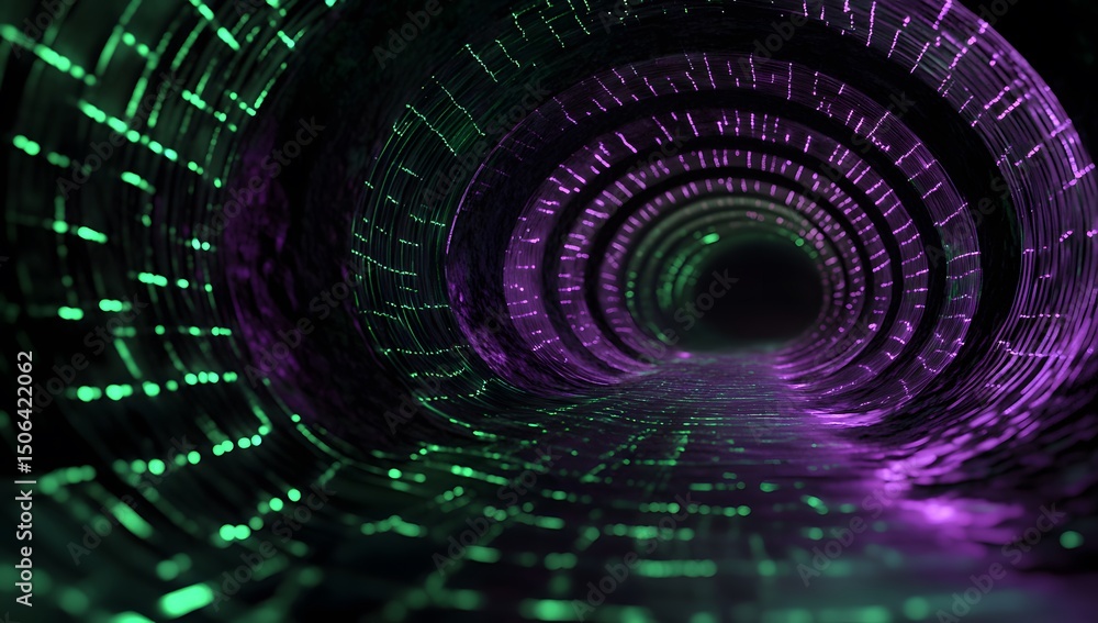 Poster a dynamic and vibrant background of an immersive tunnel with purple and green neon lights creating i