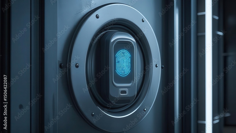 Poster close-up of modern biometric fingerprint scanner embedded in a sleek high-tech security door system 