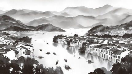 Ink - Wash Style Jiangnan Water Town Panorama