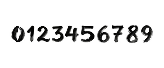 Brush stroke numbers from zero to nine isolated on white background in a set of handwritten style for graphic design elements and artistic illustrations