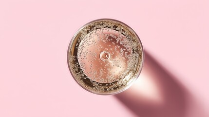 Rose sparkling wine glass with elegant bubbles, soft shadows on pink background - celebration and luxury in a delicate moment