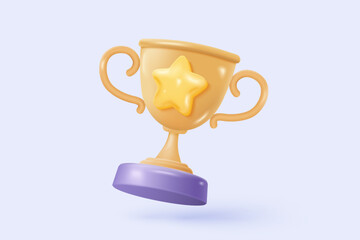 3d winner award with golden cup, gold winner stars for rewards ceremony. Contest ceremony first and second and third concept on podium. 3d trophy champion icon vector render illustration
