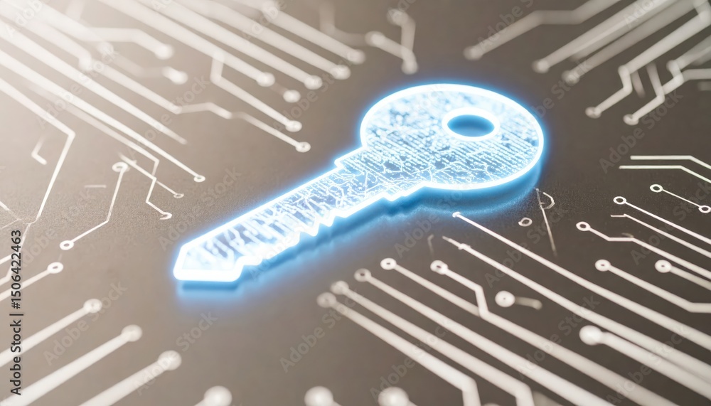 Poster close-up of illuminated digital key icon on circuit board background representing security and techn