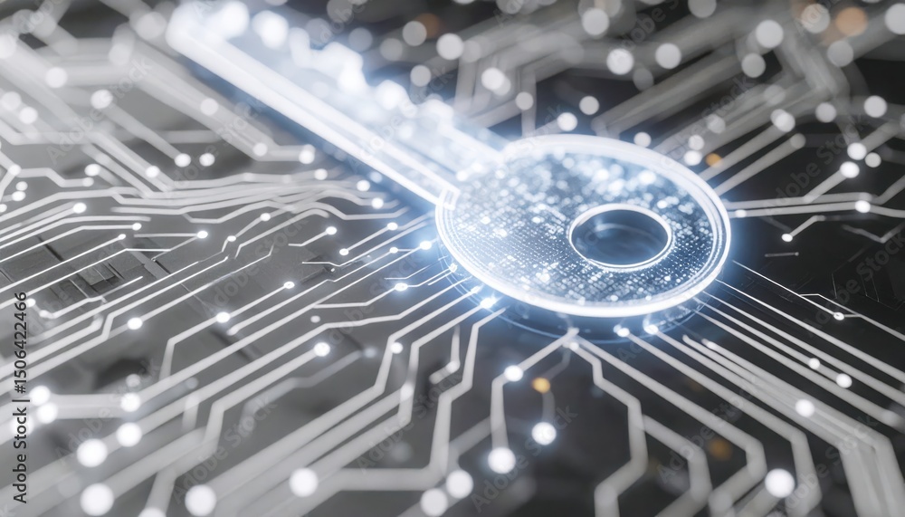 Aufkleber highly detailed close-up of a futuristic digital key icon surrounded by interconnected circuits and 
