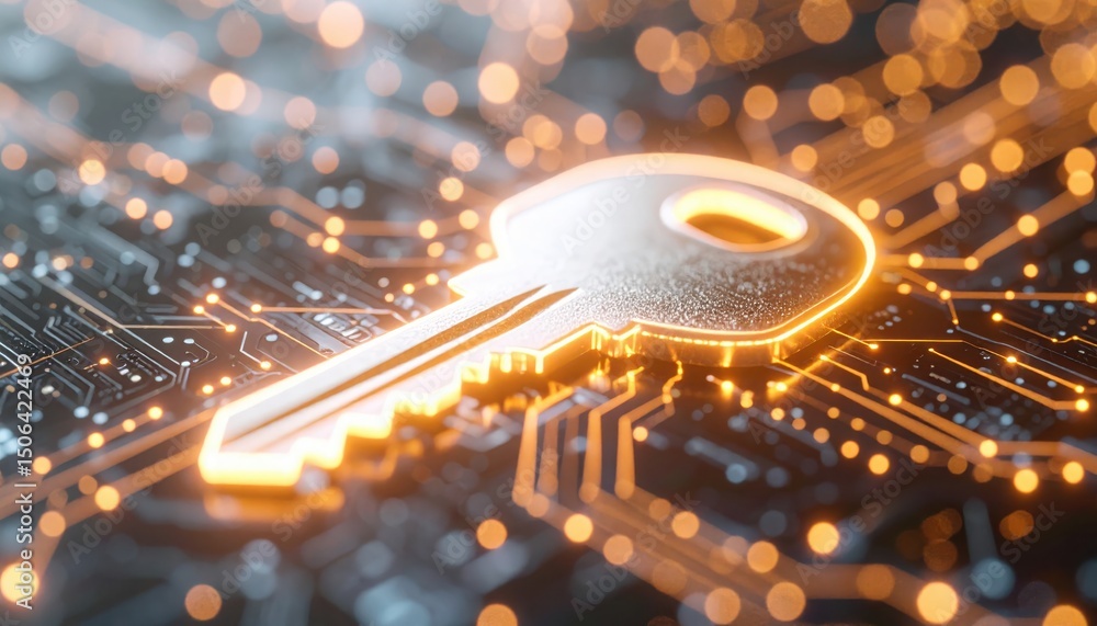 Poster close-up of futuristic electronic key on glowing circuit board with digital data and security connec
