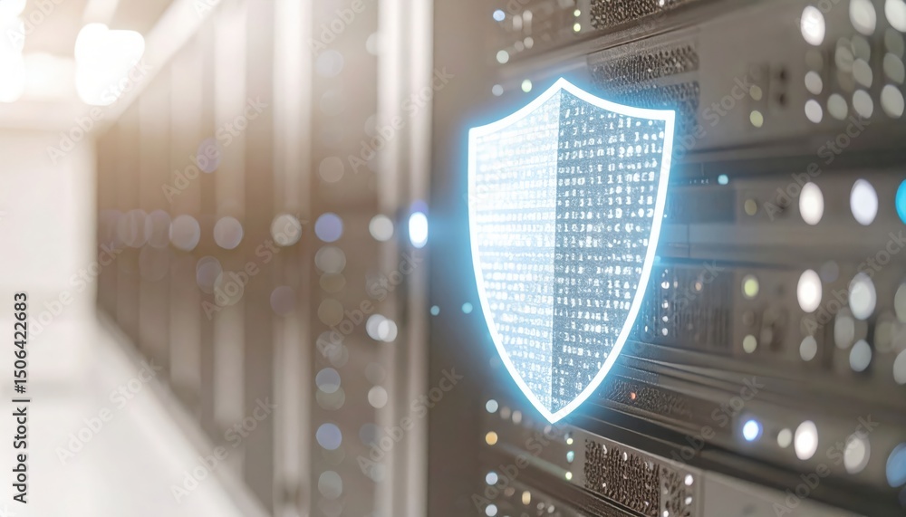 Poster modern data security protection concept with digital shield hologram over server rack in a data cent