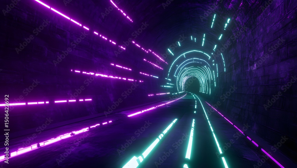 Poster a dynamic and vibrant background of an immersive tunnel with purple and green neon lights creating i
