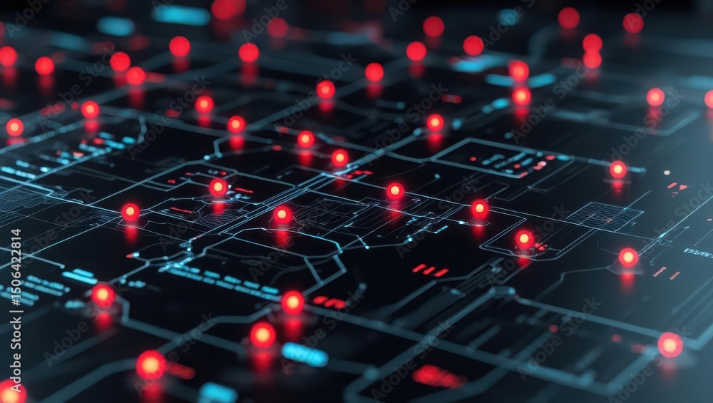 Poster advanced digital circuit illustration showing glowing red connection points and technological circui