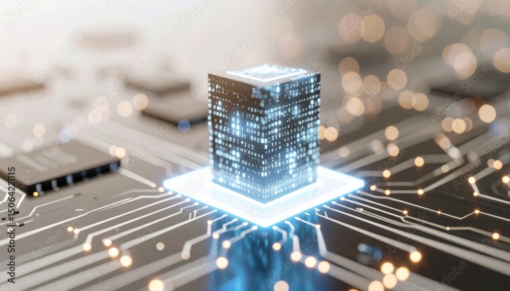 Poster futuristic digital blockchain cube hologram glowing with data visualization on a high-tech circuit b