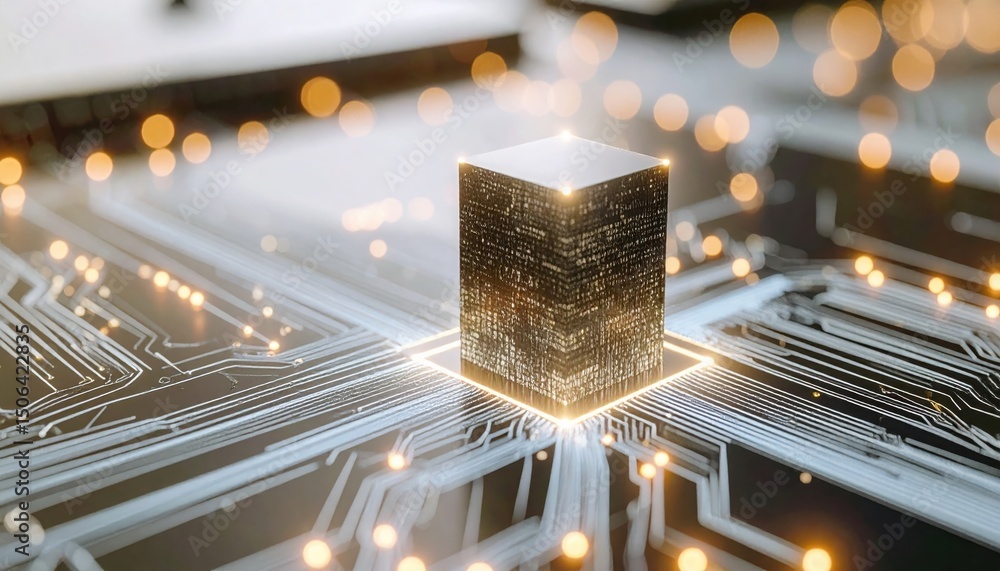Poster futuristic glowing circuit board with a central illuminated cube representing advanced technology an