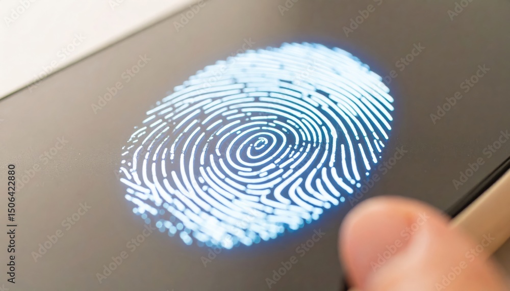 Poster digital fingerprint scanning on a modern smartphone screen with biometric security technology