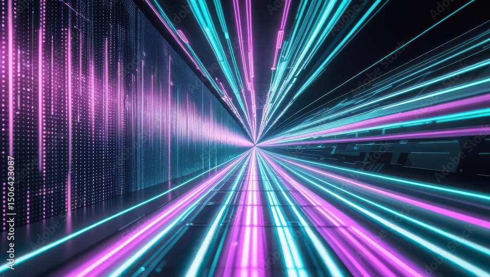 Poster futuristic glowing digital tunnel with vibrant neon lights and dynamic data streams visualization