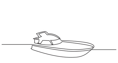 One-line minimalist illustration of a sleek speedboat gliding on water. The simple yet dynamic design emphasizes modern marine style, perfect for boating, travel, and nautical-themed visuals.
