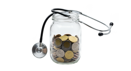 Healthcare Finance Concept Clear Jar With Coins and Stethoscope Isolated Background Photo