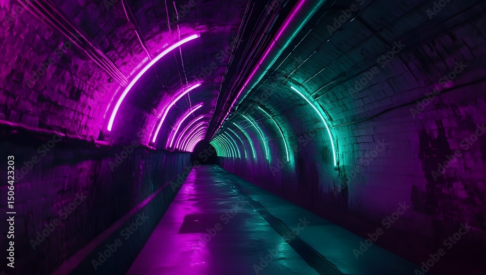 Poster a dynamic and vibrant background of an immersive tunnel with purple and green neon lights creating i