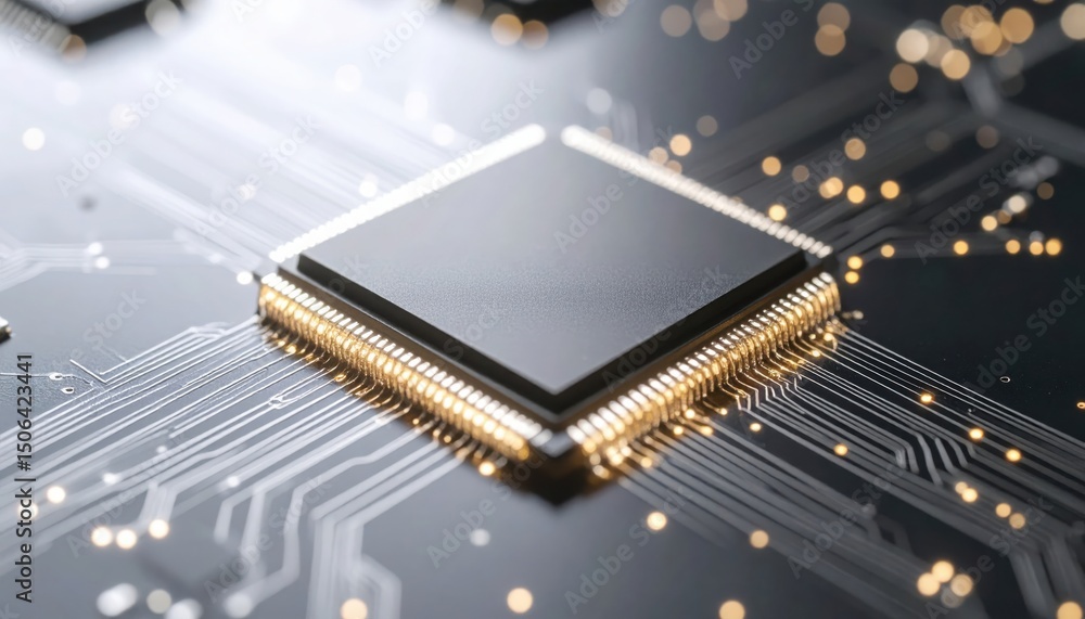 Poster close-up of a modern microprocessor chip with gold pins on a circuit board with glowing electronic c