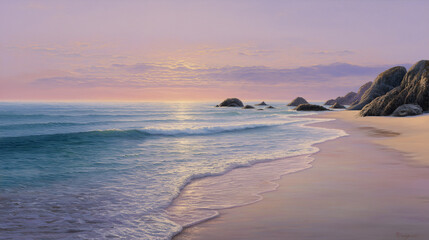 Fototapeta premium Serene Coastal Scene Calm Waves, Pink Sunset, and Sandy Beach