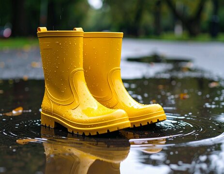 A pair of yellow rubber boots standing in a puddle reflecting the boots on a rainy day outdoors - Powered by Adobe