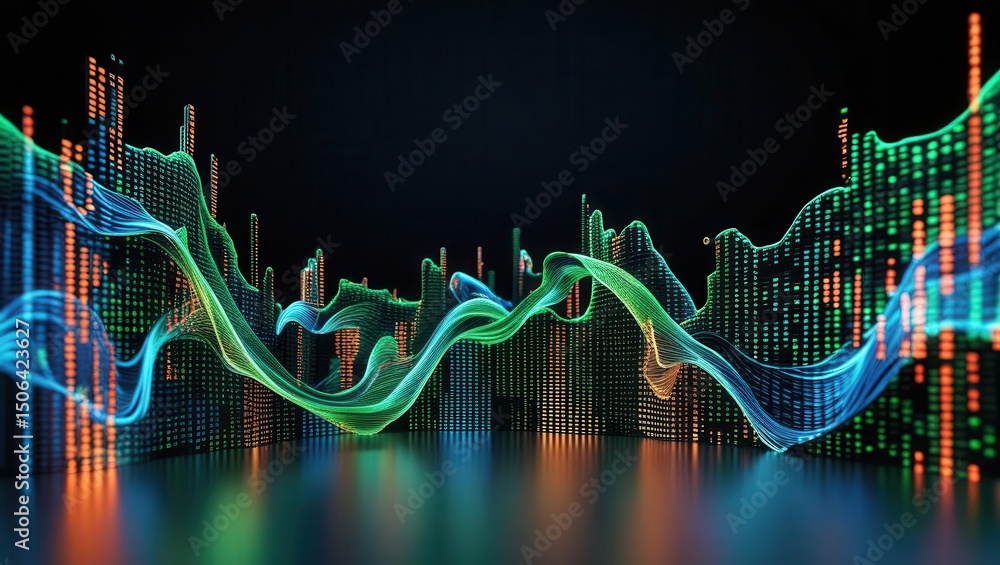 Poster dynamic digital financial chart with colorful glowing wave lines and bar graphs on dark background