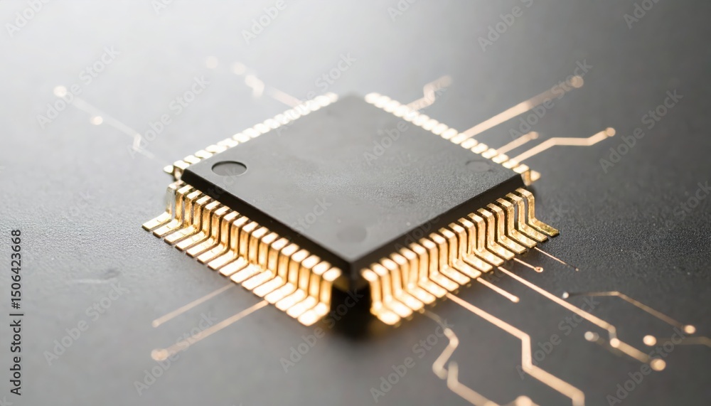 Poster close-up of a modern high-performance microprocessor chip with intricate circuit connections on a da